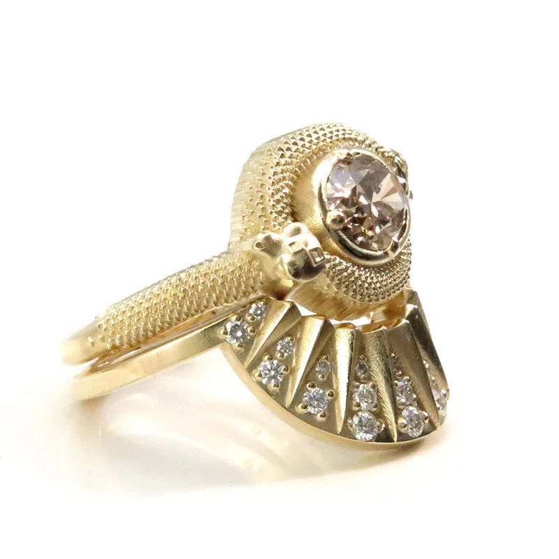 Ready to Ship Size 6 - 8 - Double Trouble Snake Engagement Ring with Natural Oval Champage Diamond - 14k Yellow Gold - Diamond Sunrise Band - Image 7