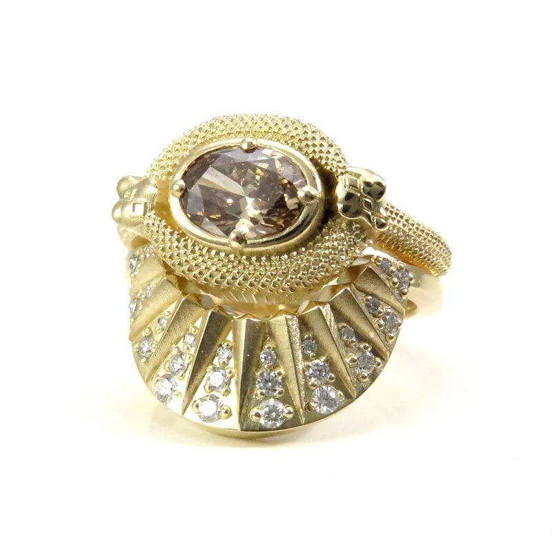 Ready to Ship Size 6 - 8 - Double Trouble Snake Engagement Ring with Natural Oval Champage Diamond - 14k Yellow Gold - Diamond Sunrise Band - Image 8