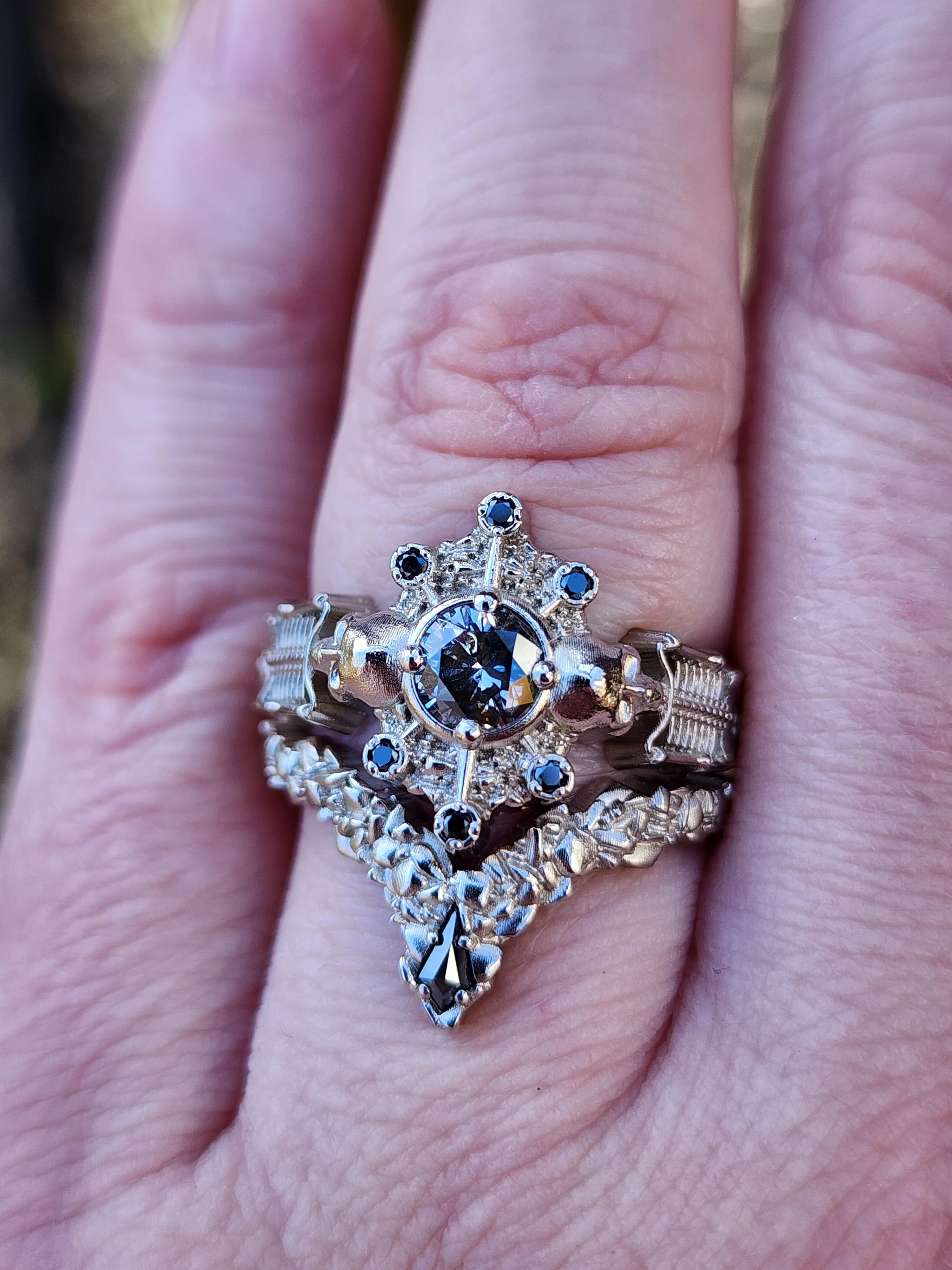 Ready to Ship Size 6 - 8 - Gothic Salt & Pepper Diamond Skeleton Ring with Kite Rock Side Band - Image 10