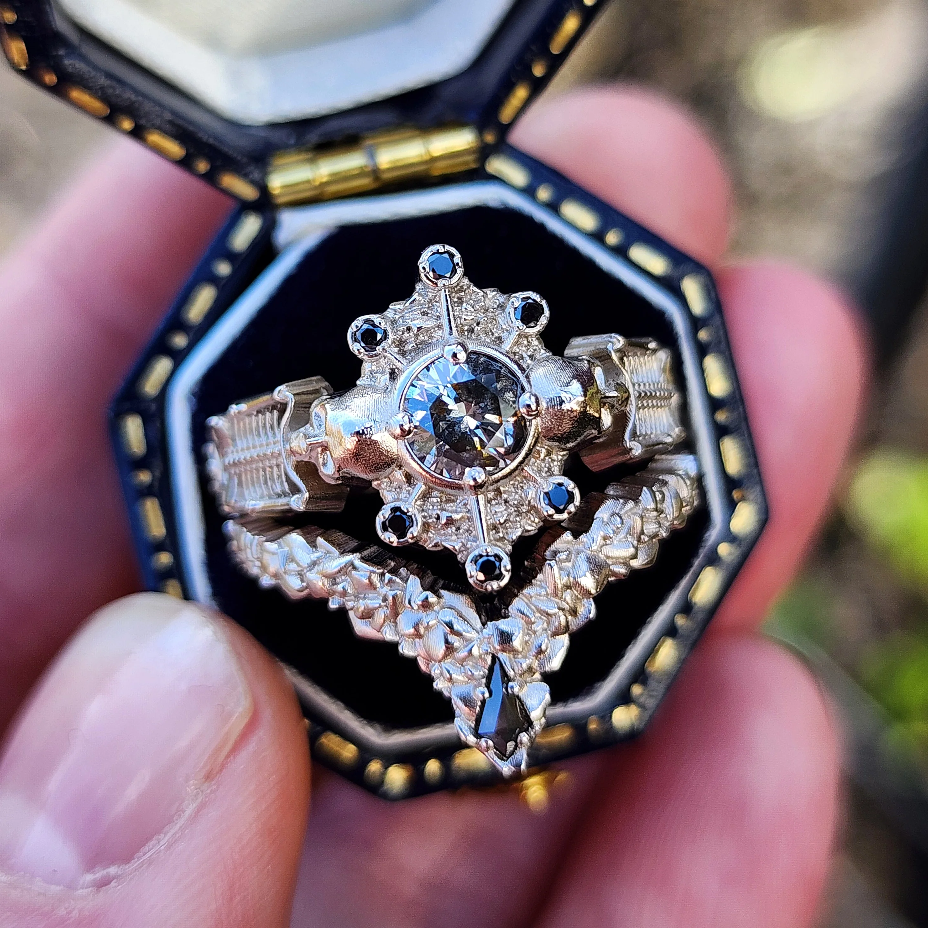 Ready to Ship Size 6 - 8 - Gothic Salt & Pepper Diamond Skeleton Ring with Kite Rock Side Band - Image 3