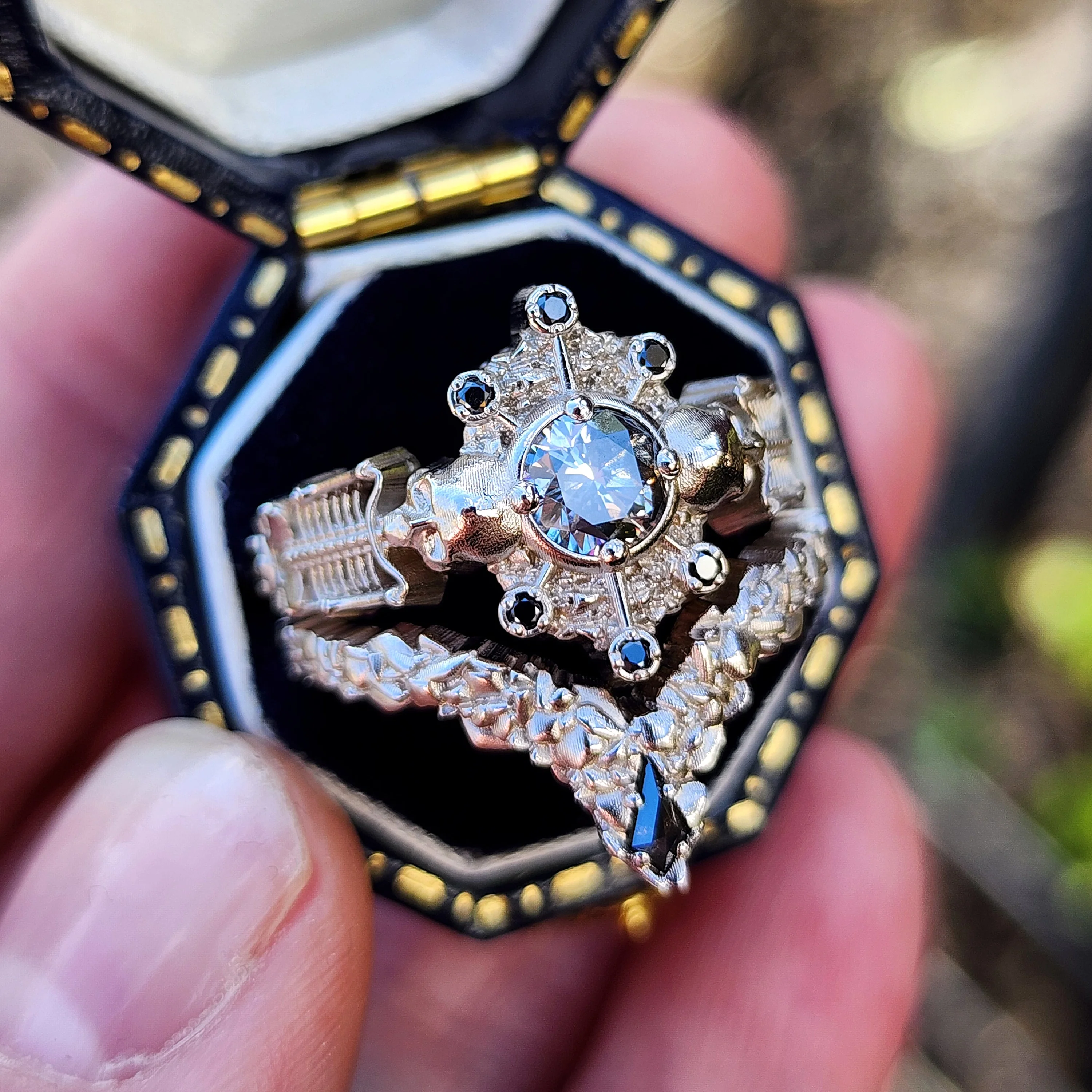 Ready to Ship Size 6 - 8 - Gothic Salt & Pepper Diamond Skeleton Ring with Kite Rock Side Band - Image 4