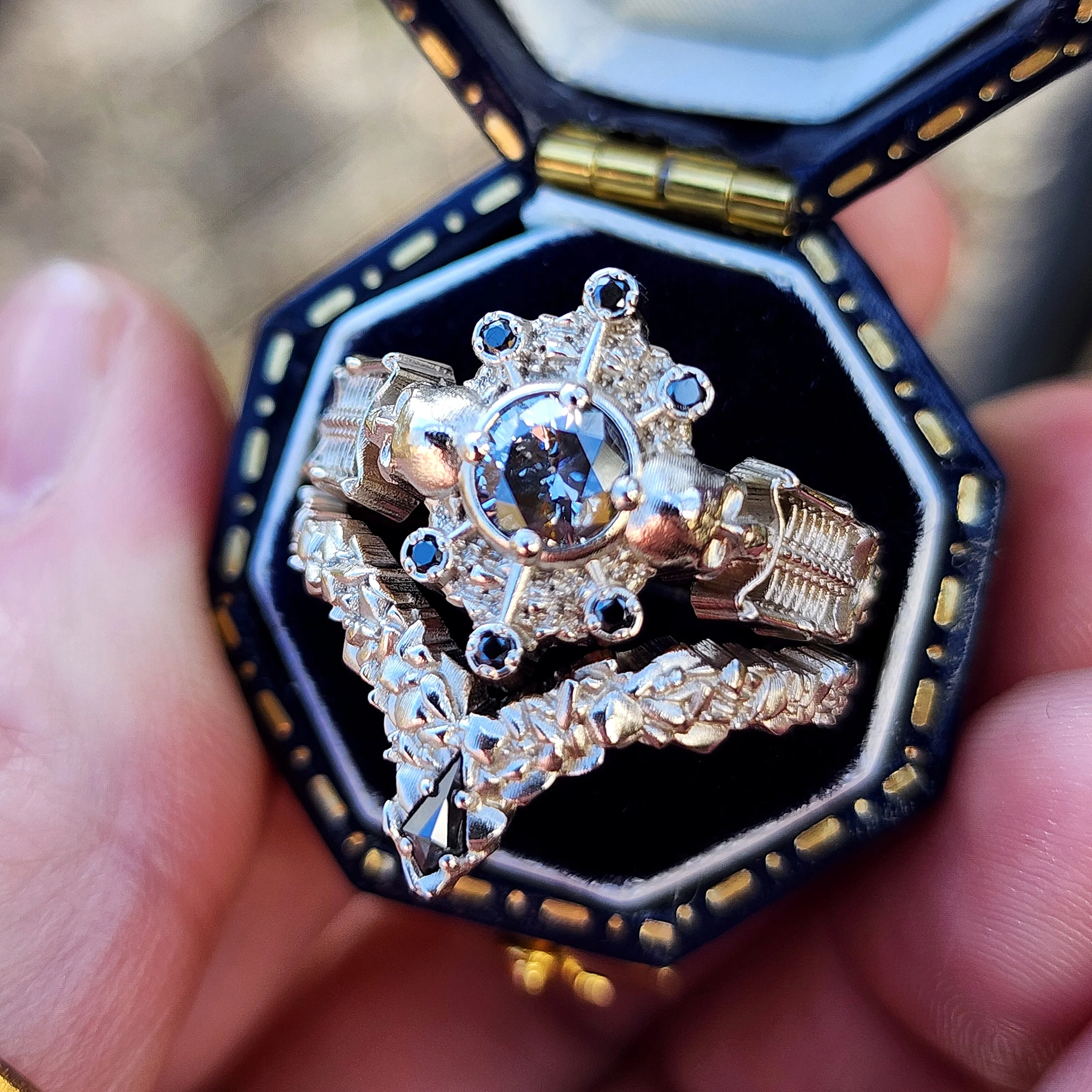 Ready to Ship Size 6 - 8 - Gothic Salt & Pepper Diamond Skeleton Ring with Kite Rock Side Band - Image 5