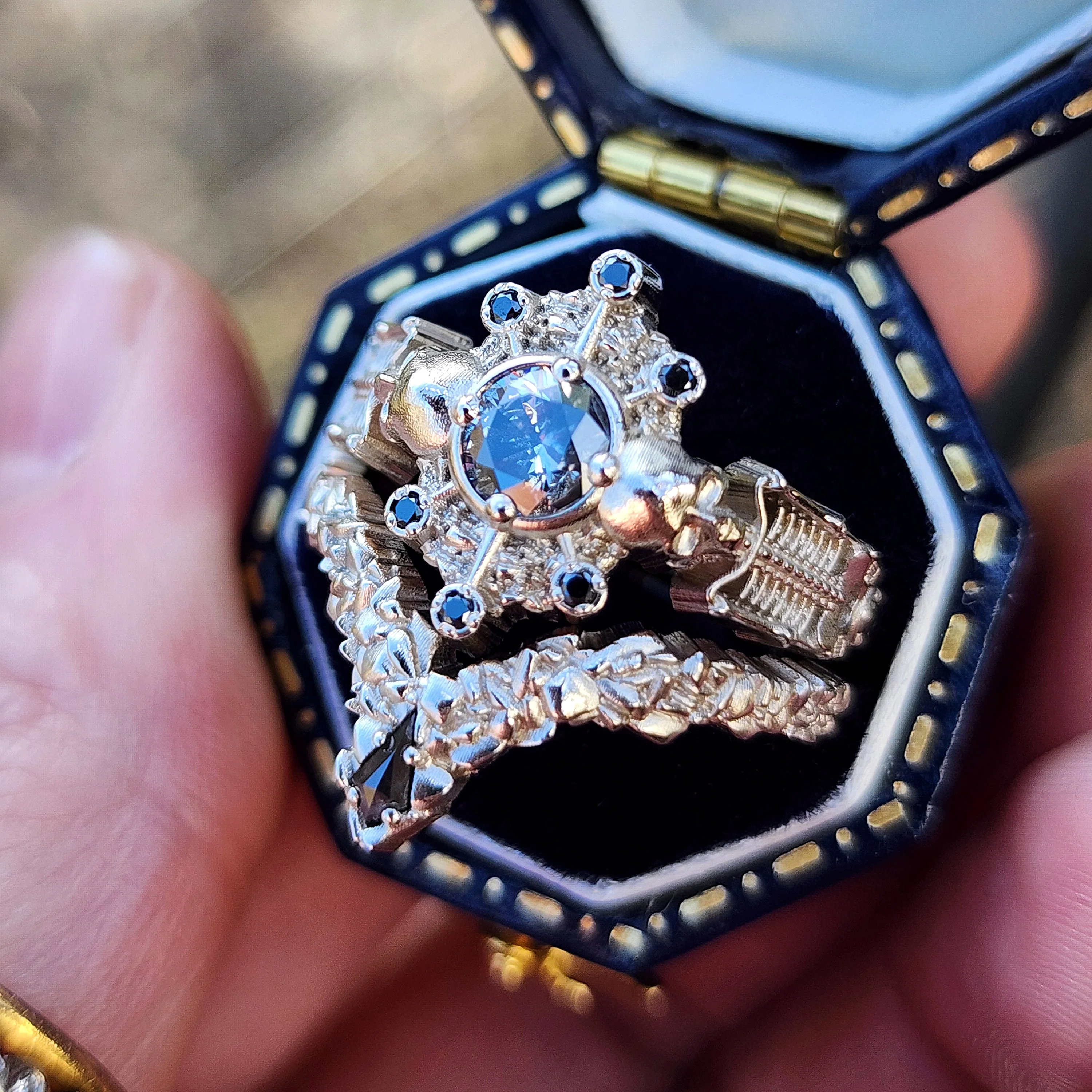 Ready to Ship Size 6 - 8 - Gothic Salt & Pepper Diamond Skeleton Ring with Kite Rock Side Band - Image 6