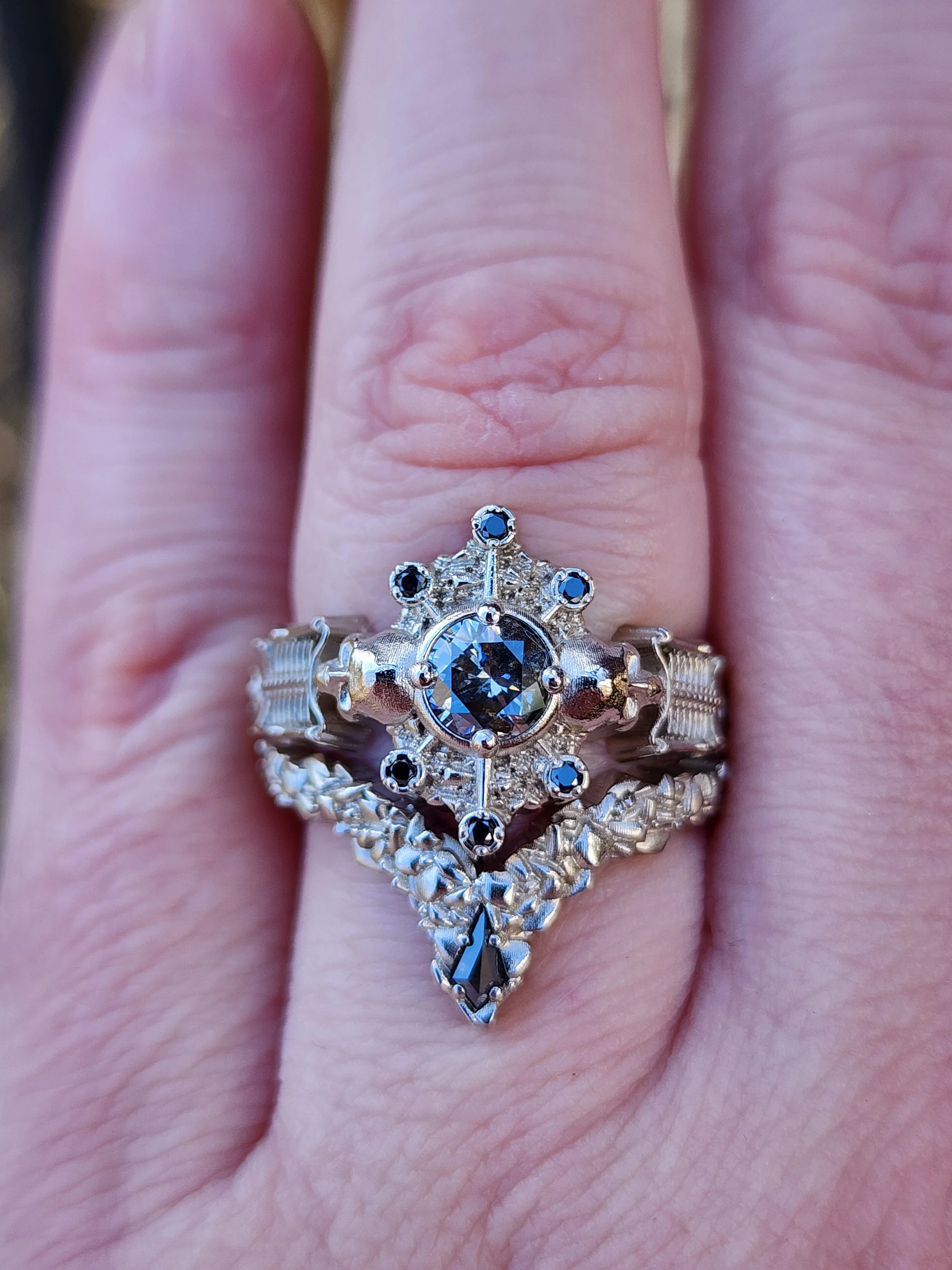 Ready to Ship Size 6 - 8 - Gothic Salt & Pepper Diamond Skeleton Ring with Kite Rock Side Band - Image 7