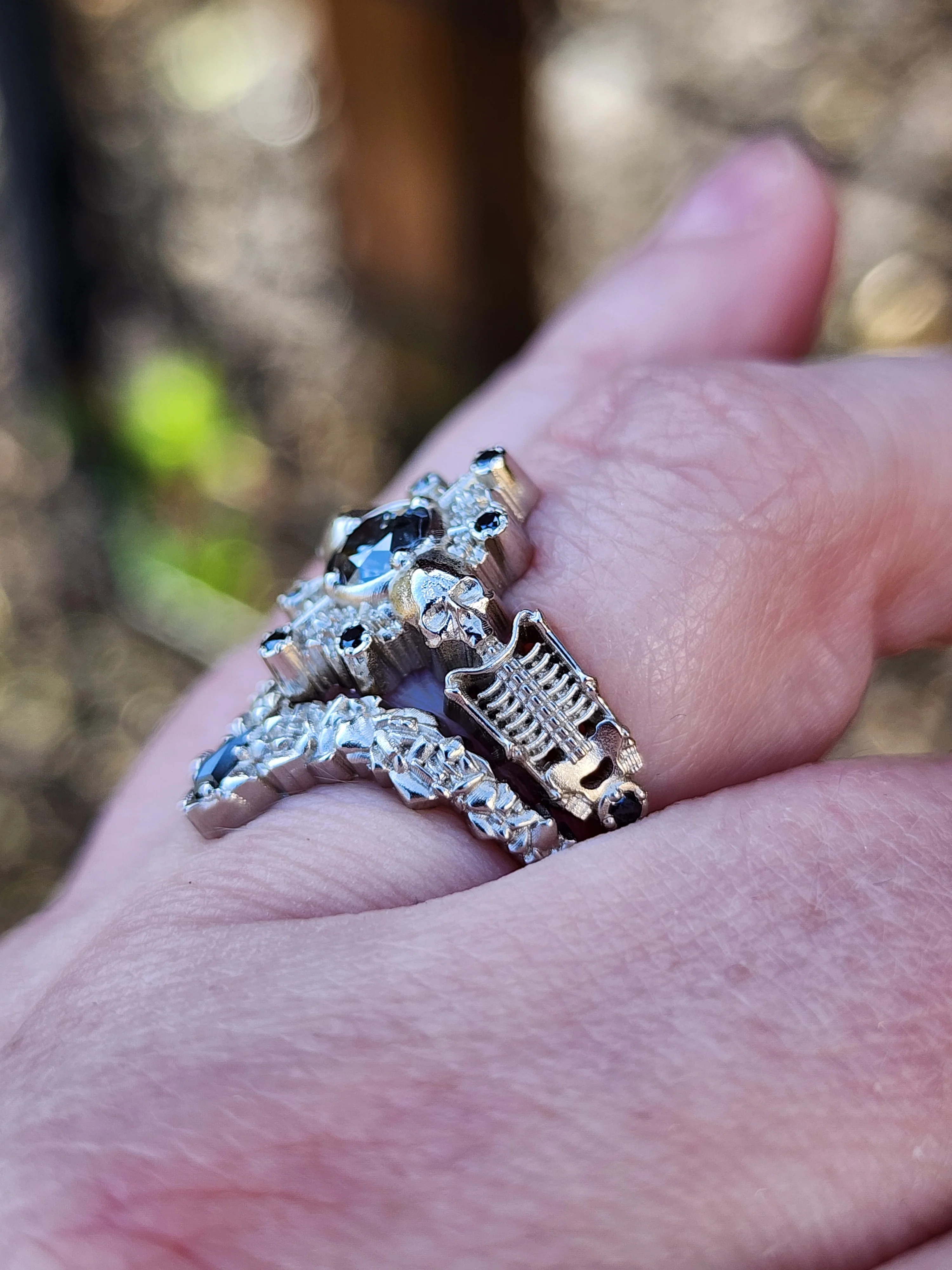 Ready to Ship Size 6 - 8 - Gothic Salt & Pepper Diamond Skeleton Ring with Kite Rock Side Band - Image 8