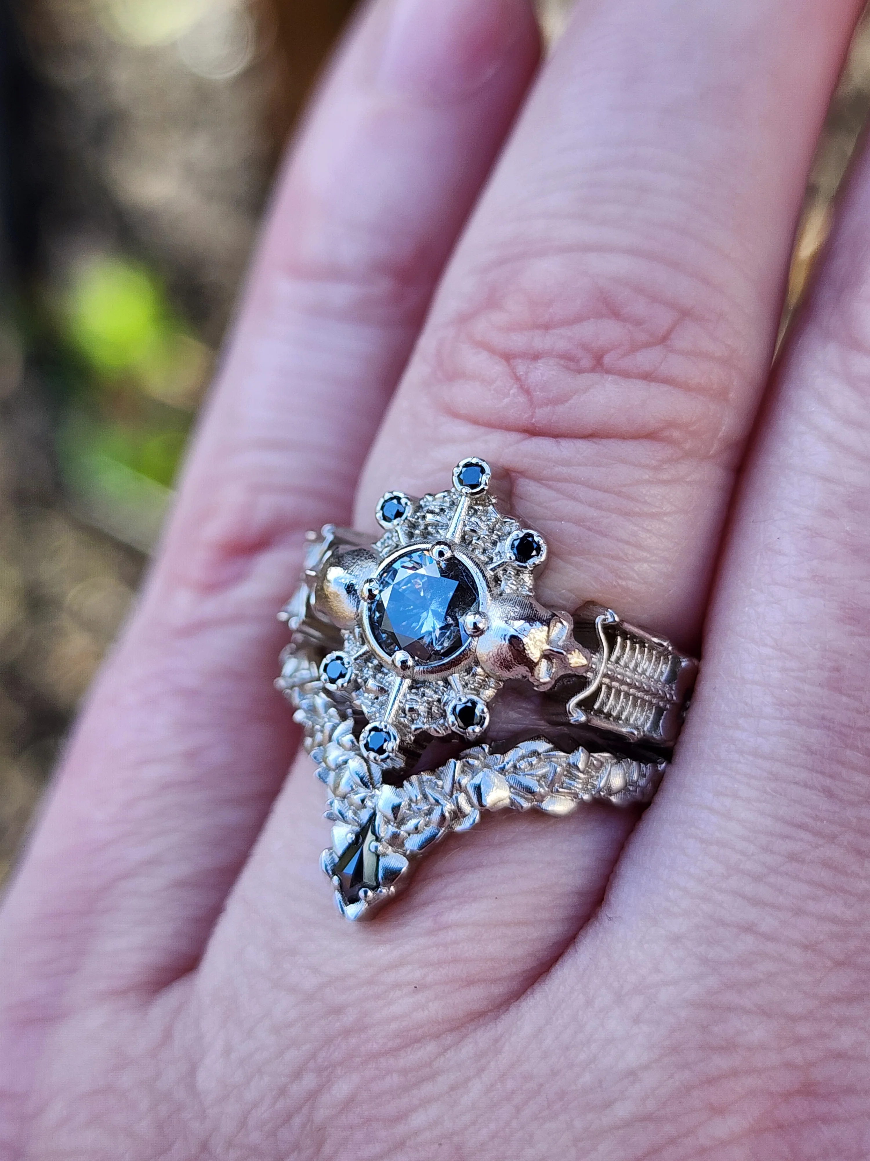 Ready to Ship Size 6 - 8 - Gothic Salt & Pepper Diamond Skeleton Ring with Kite Rock Side Band - Image 9