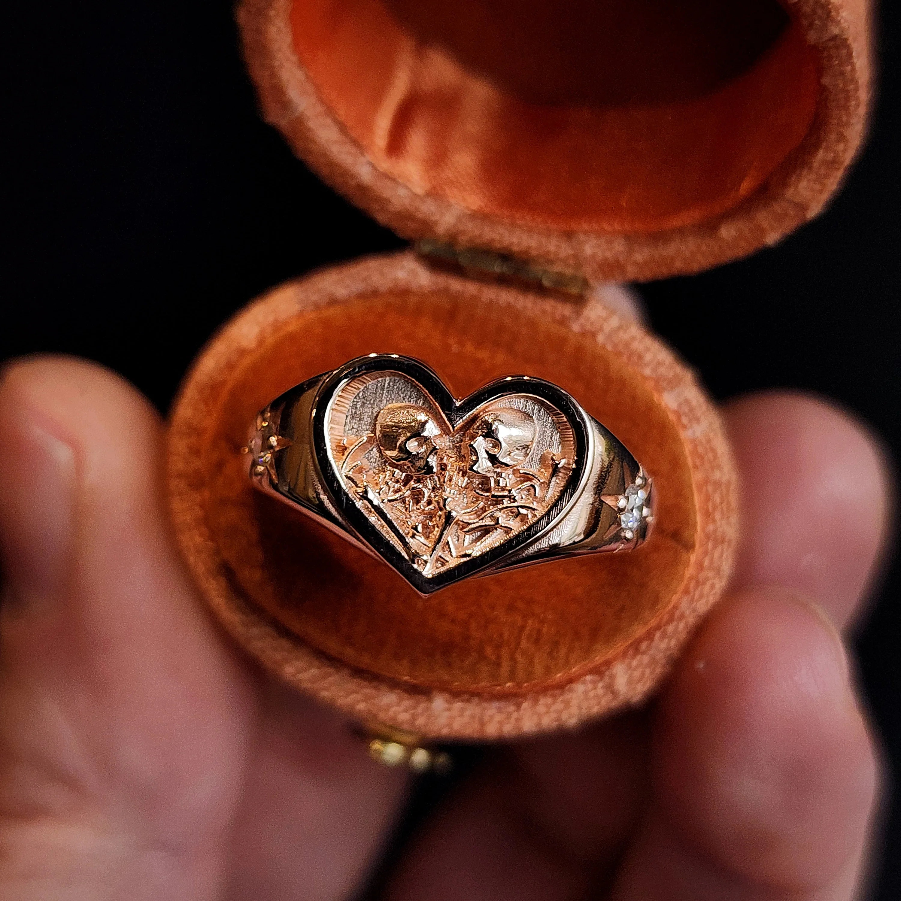 Ready to Ship Size 8-10 - 14k Rose Gold Heart Signet Ring The Lovers Skeleton Final Embrace - Gothic Romantic Engagement Ring with Diamonds - Image 5