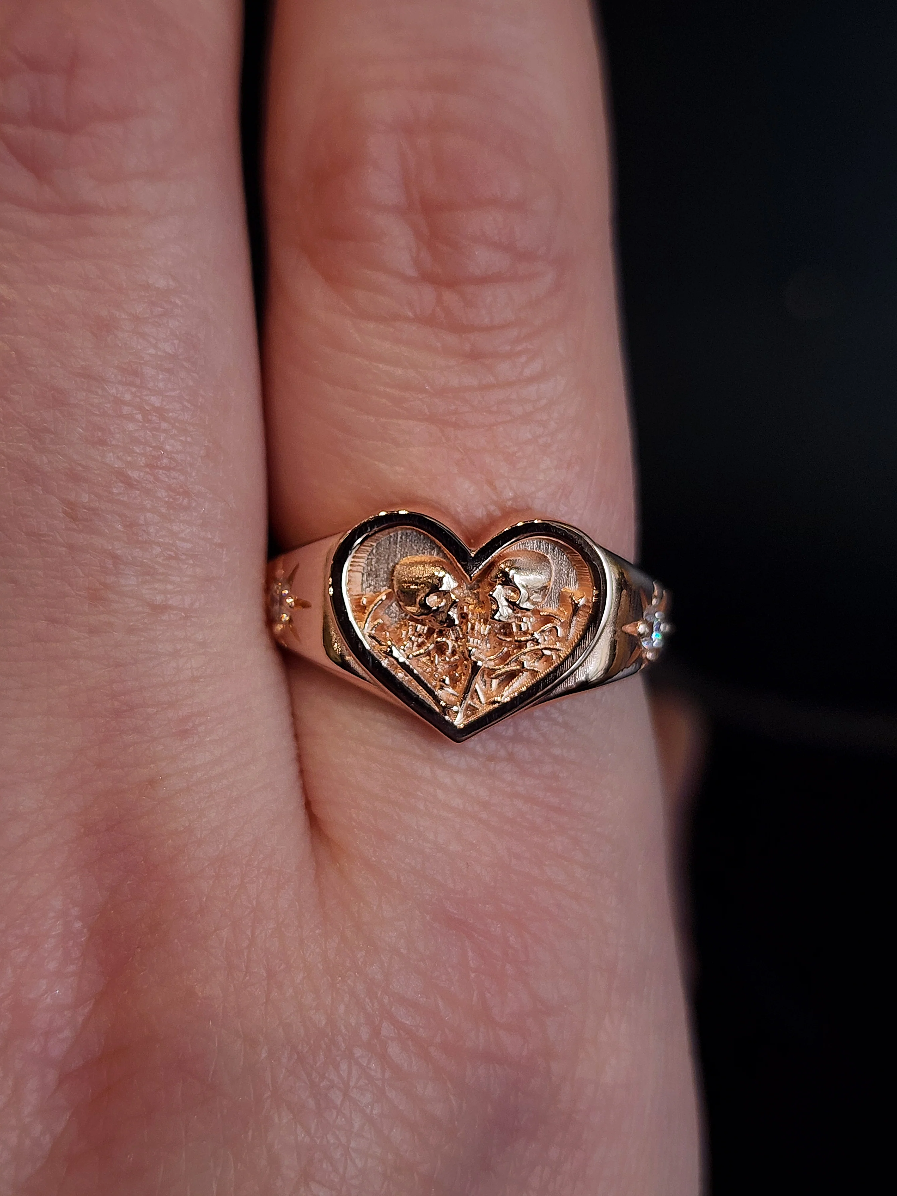 Ready to Ship Size 8-10 - 14k Rose Gold Heart Signet Ring The Lovers Skeleton Final Embrace - Gothic Romantic Engagement Ring with Diamonds - Image 8