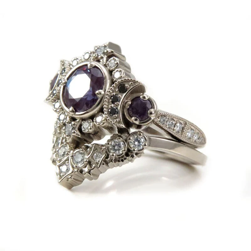 Selene Moon Goddess Ring Set - Alexandrite with Black and White Diamonds and Diamond Stardust Wedding Band - 14k Palladium White Gold - Image 10