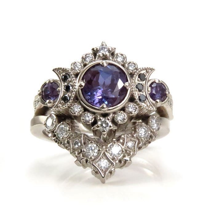 Selene Moon Goddess Ring Set - Alexandrite with Black and White Diamonds and Diamond Stardust Wedding Band - 14k Palladium White Gold - Image 3