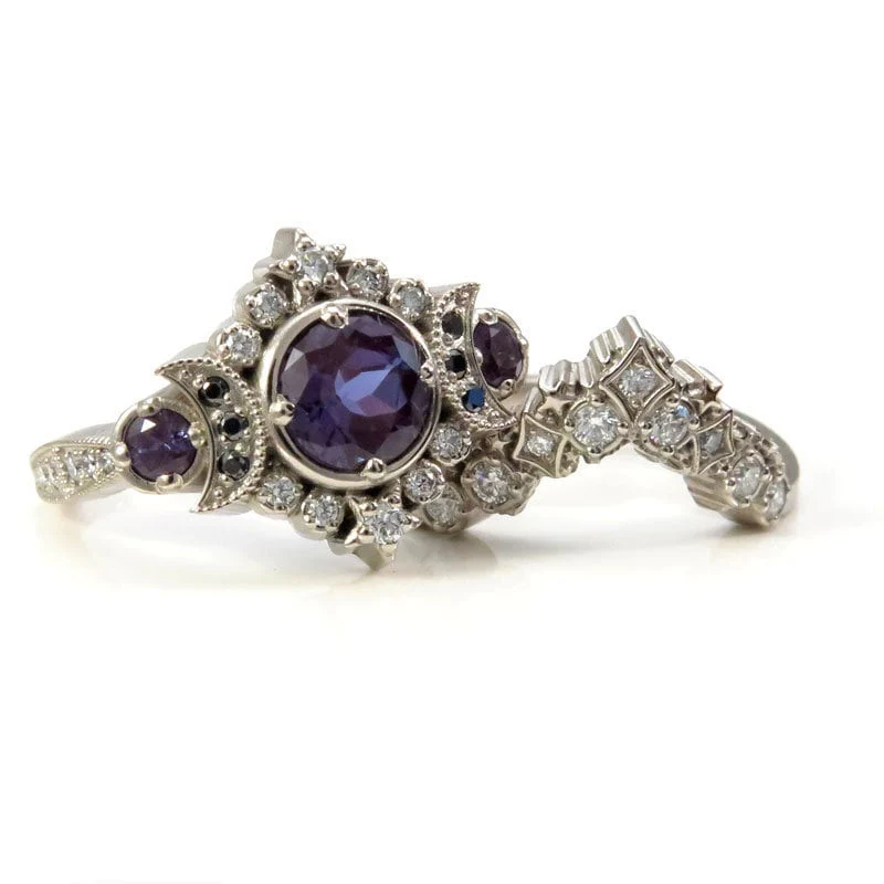 Selene Moon Goddess Ring Set - Alexandrite with Black and White Diamonds and Diamond Stardust Wedding Band - 14k Palladium White Gold - Image 4