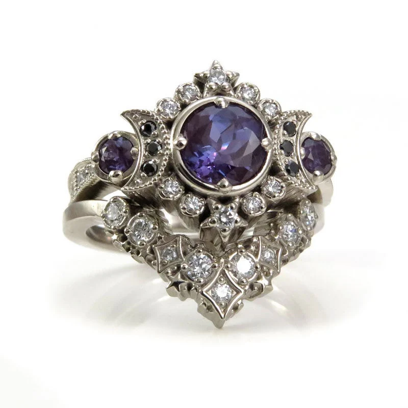 Selene Moon Goddess Ring Set - Alexandrite with Black and White Diamonds and Diamond Stardust Wedding Band - 14k Palladium White Gold - Image 5