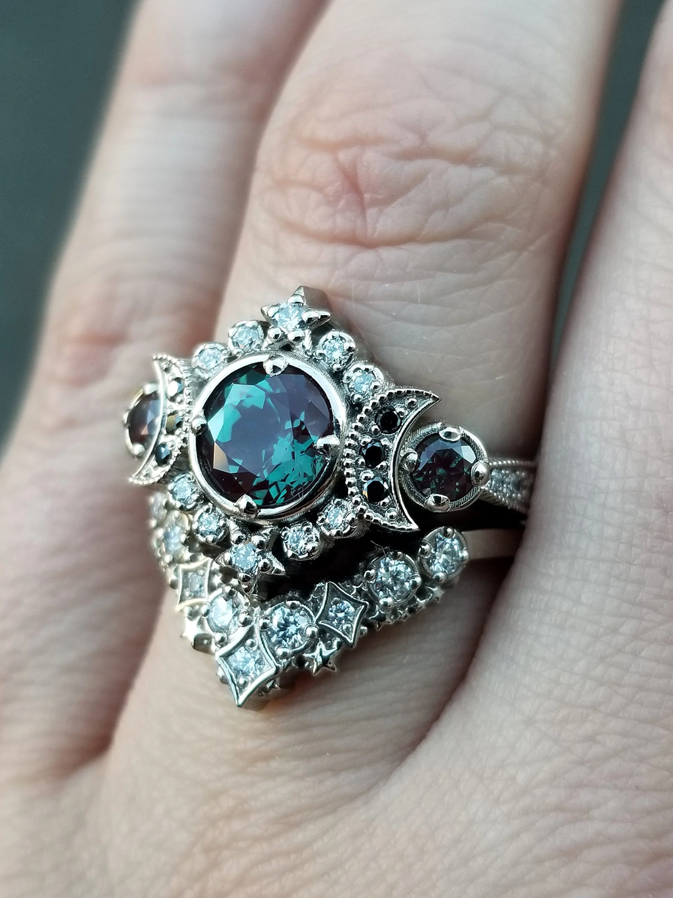 Selene Moon Goddess Ring Set - Alexandrite with Black and White Diamonds and Diamond Stardust Wedding Band - 14k Palladium White Gold - Image 6