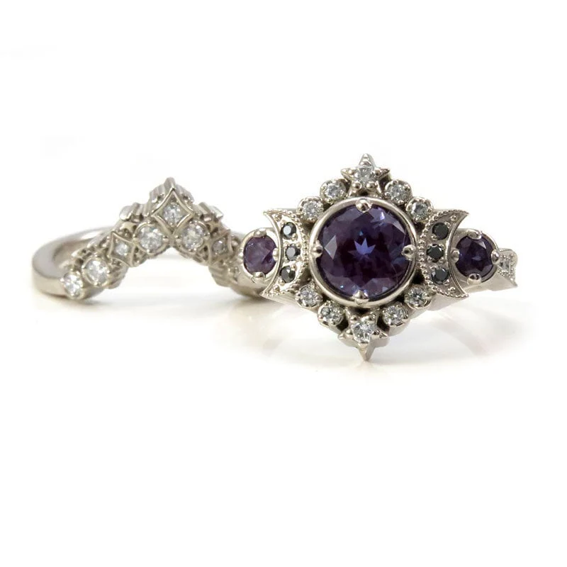 Selene Moon Goddess Ring Set - Alexandrite with Black and White Diamonds and Diamond Stardust Wedding Band - 14k Palladium White Gold - Image 7