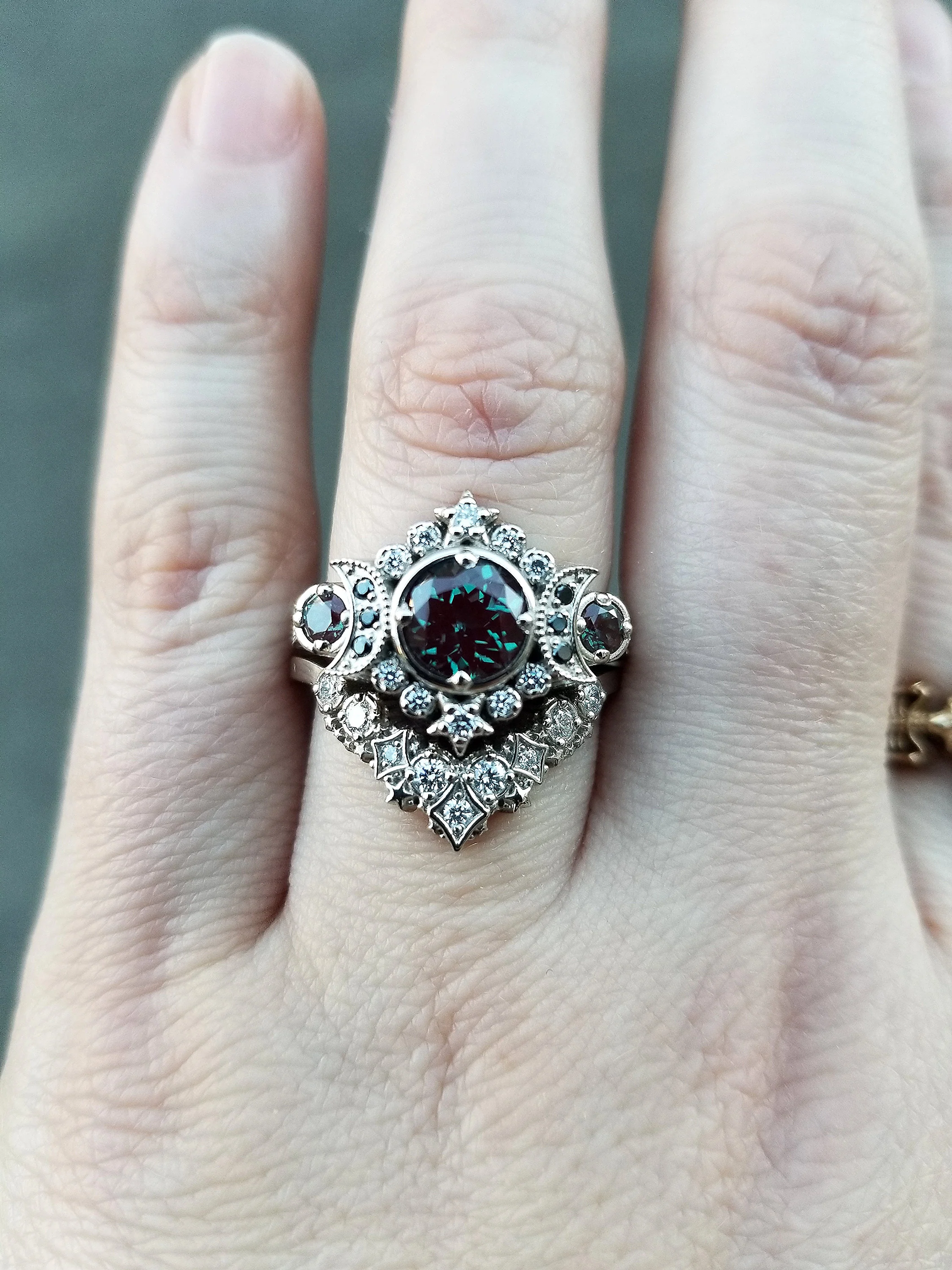 Selene Moon Goddess Ring Set - Alexandrite with Black and White Diamonds and Diamond Stardust Wedding Band - 14k Palladium White Gold - Image 8