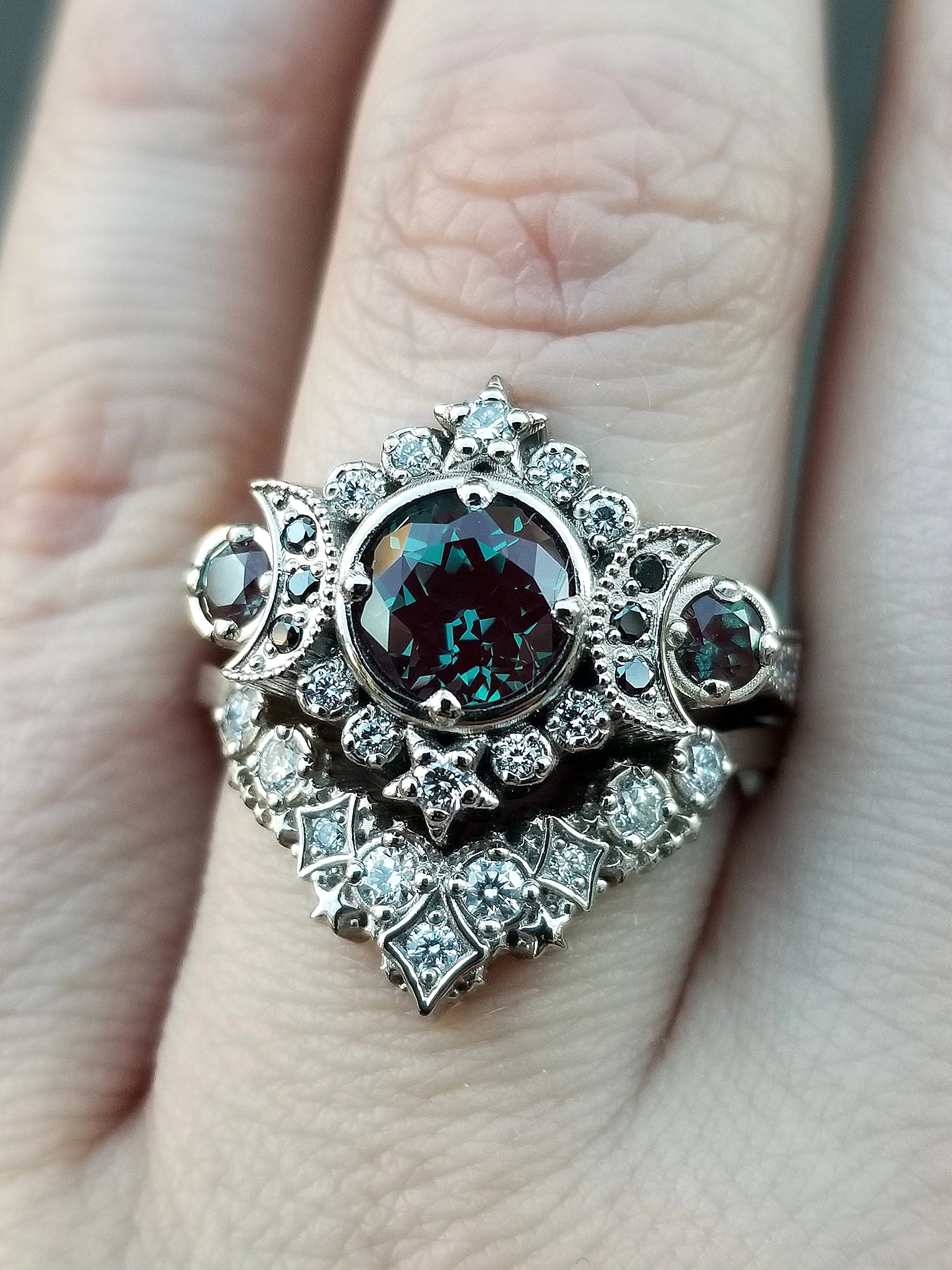 Selene Moon Goddess Ring Set - Alexandrite with Black and White Diamonds and Diamond Stardust Wedding Band - 14k Palladium White Gold - Image 9