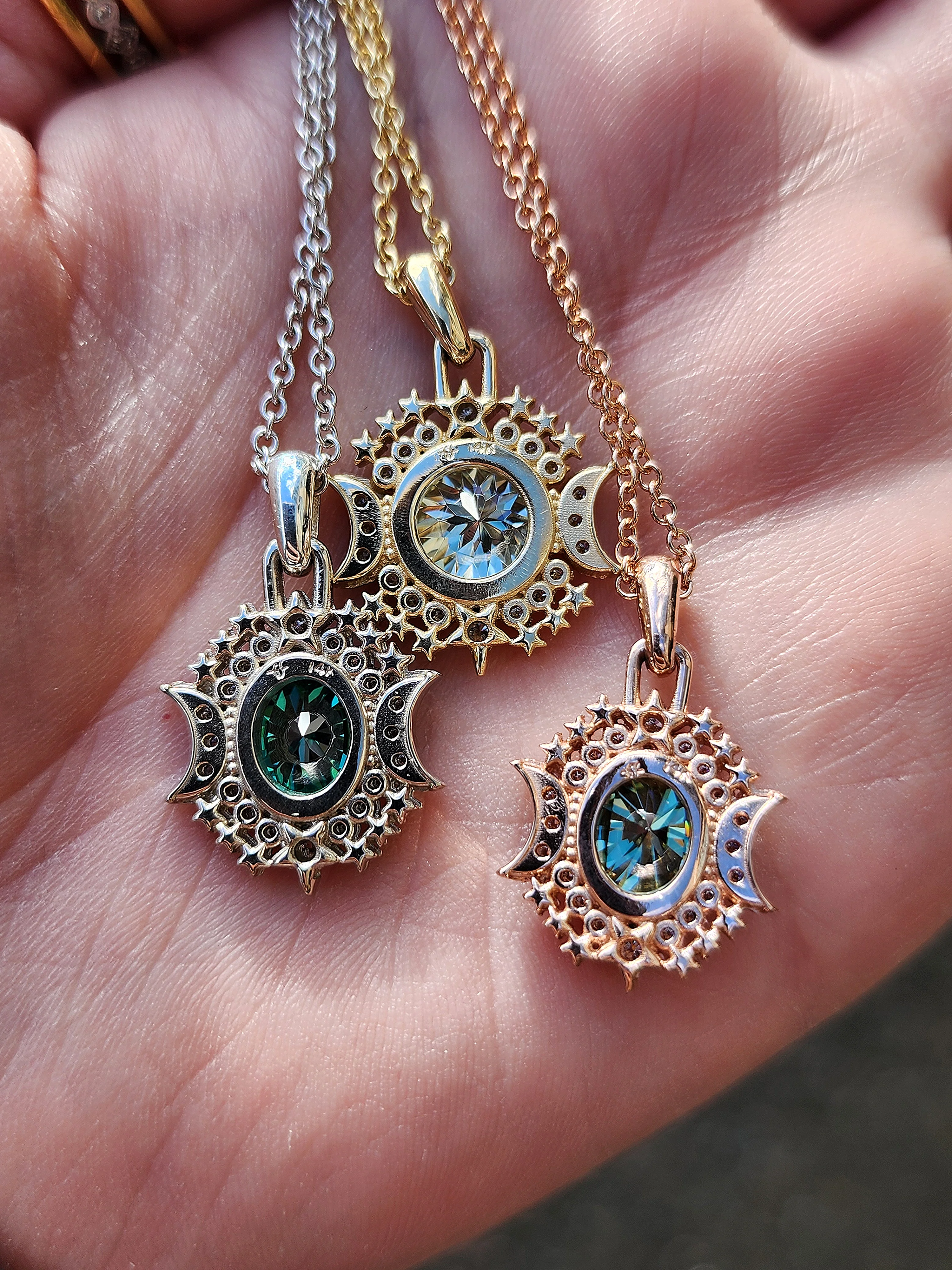 Ready to Ship Serena Moon Pendants with Crescent Moons and Natural Diamonds and Green Moissanite - 14k Gold Nature Inspired Fine Jewelry - Image 10