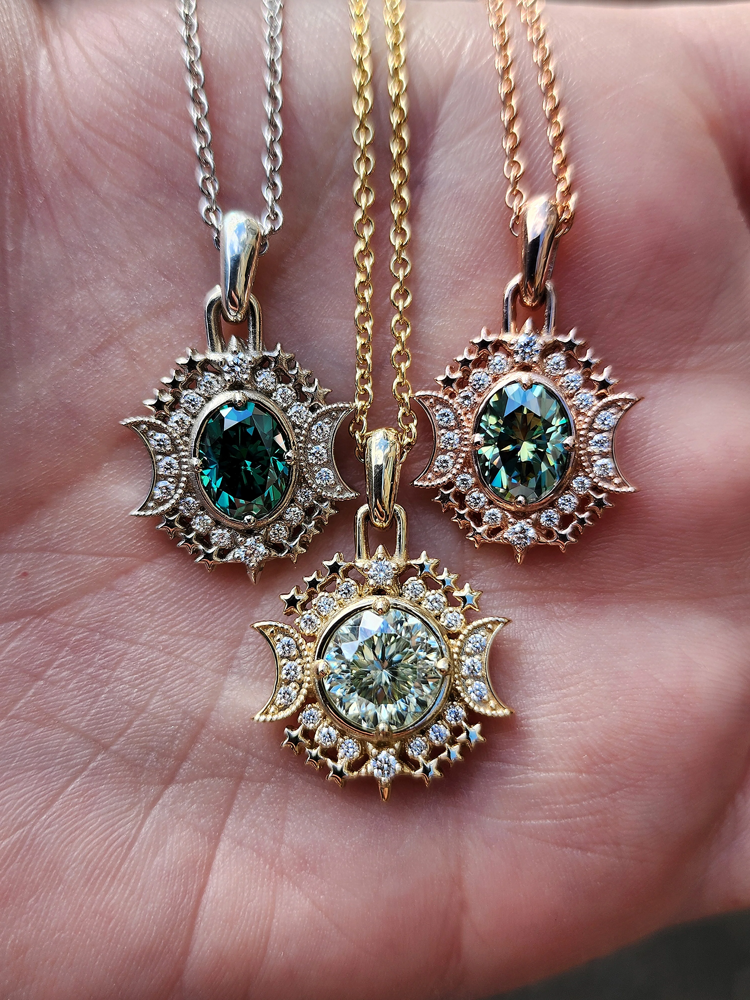 Ready to Ship Serena Moon Pendants with Crescent Moons and Natural Diamonds and Green Moissanite - 14k Gold Nature Inspired Fine Jewelry - Image 3