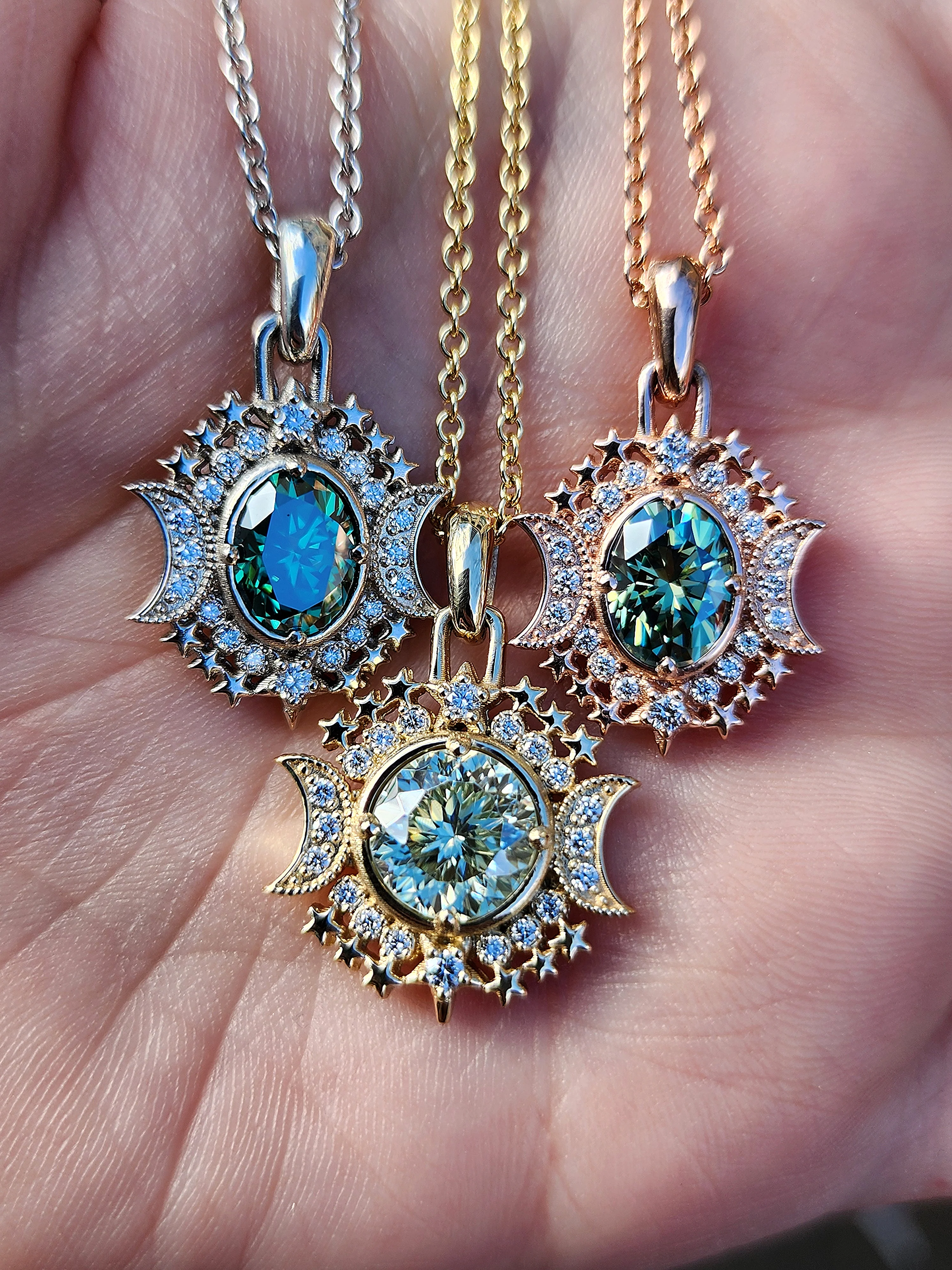 Ready to Ship Serena Moon Pendants with Crescent Moons and Natural Diamonds and Green Moissanite - 14k Gold Nature Inspired Fine Jewelry - Image 4