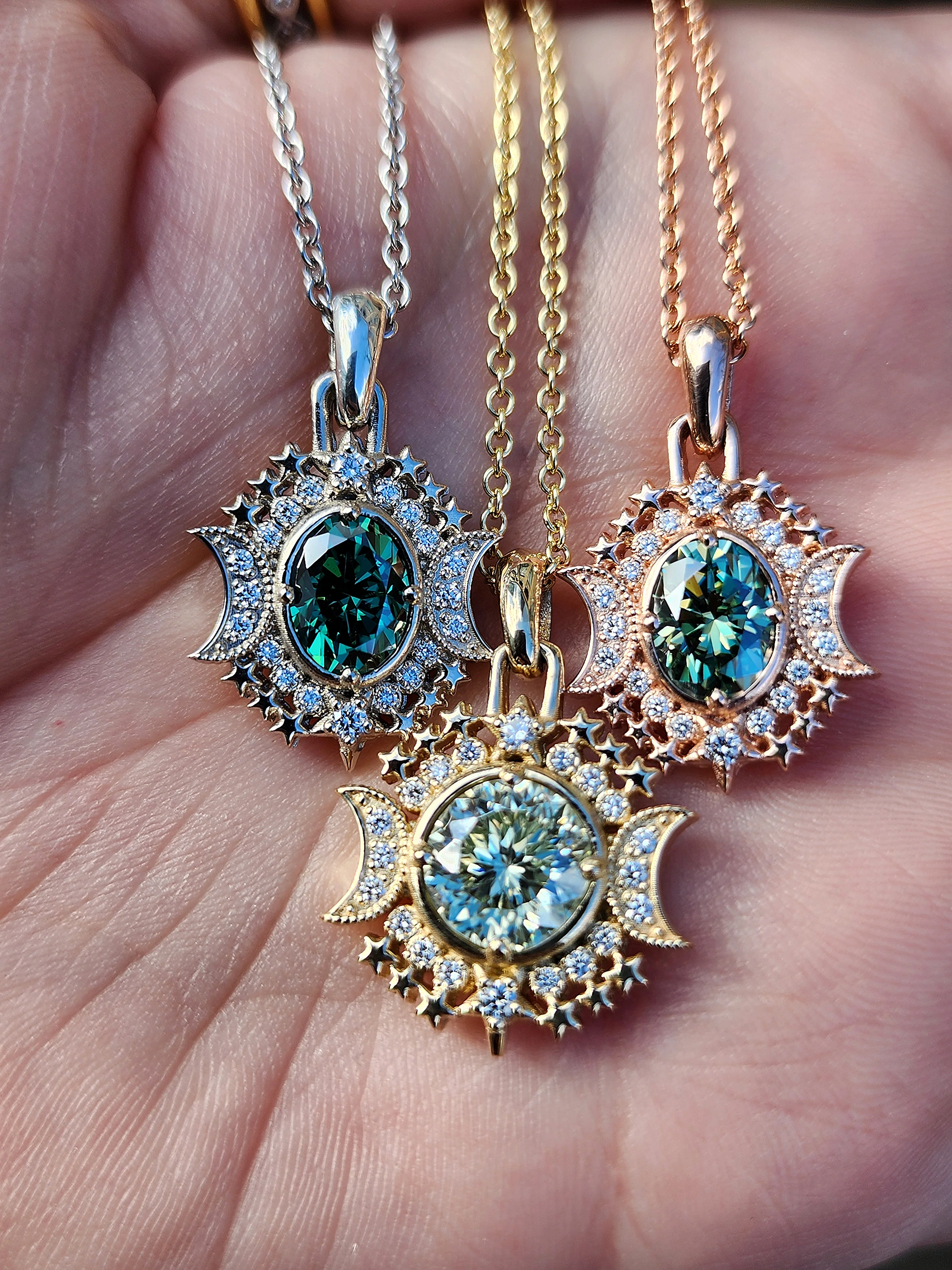 Ready to Ship Serena Moon Pendants with Crescent Moons and Natural Diamonds and Green Moissanite - 14k Gold Nature Inspired Fine Jewelry - Image 5