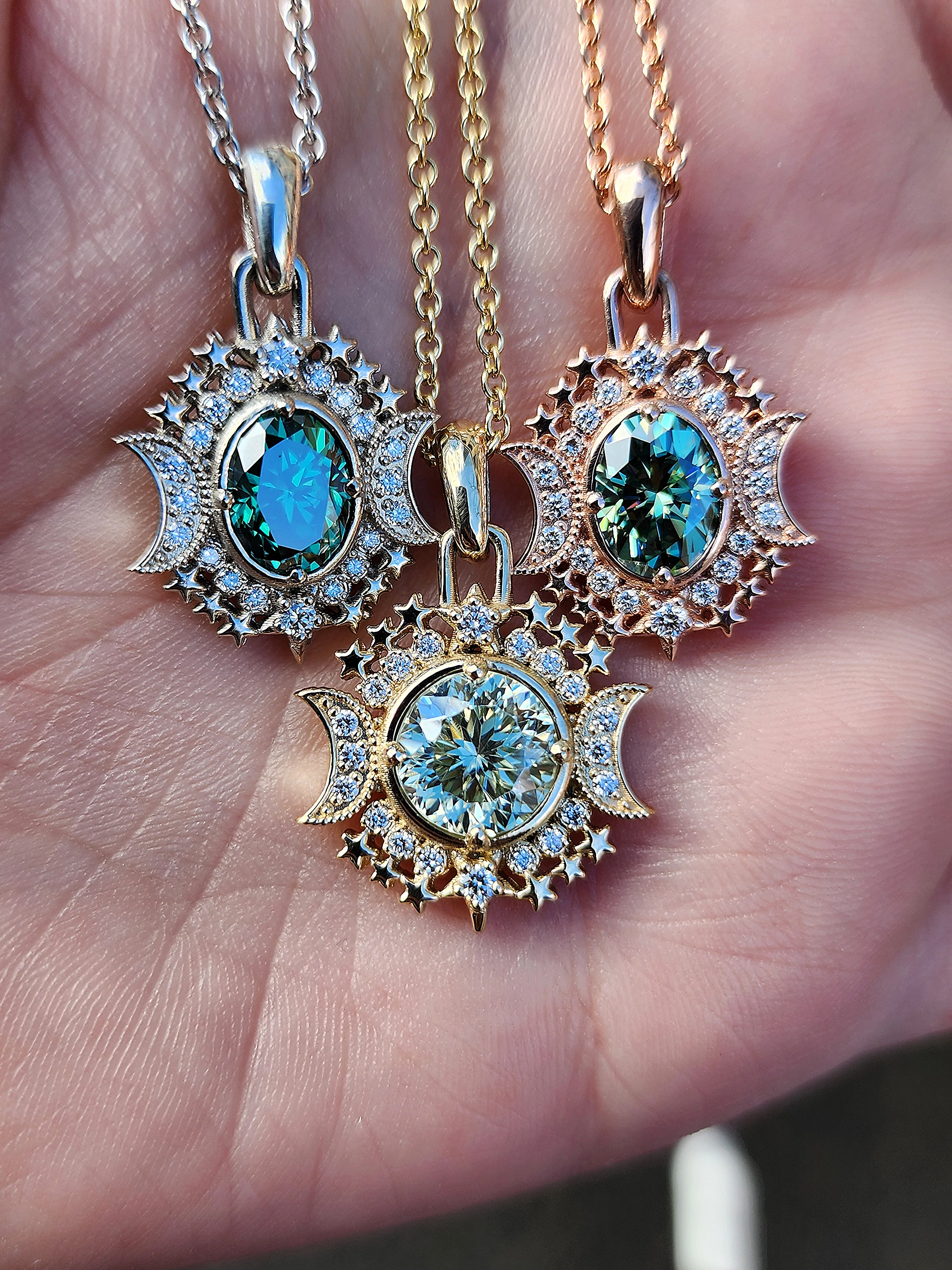 Ready to Ship Serena Moon Pendants with Crescent Moons and Natural Diamonds and Green Moissanite - 14k Gold Nature Inspired Fine Jewelry - Image 6