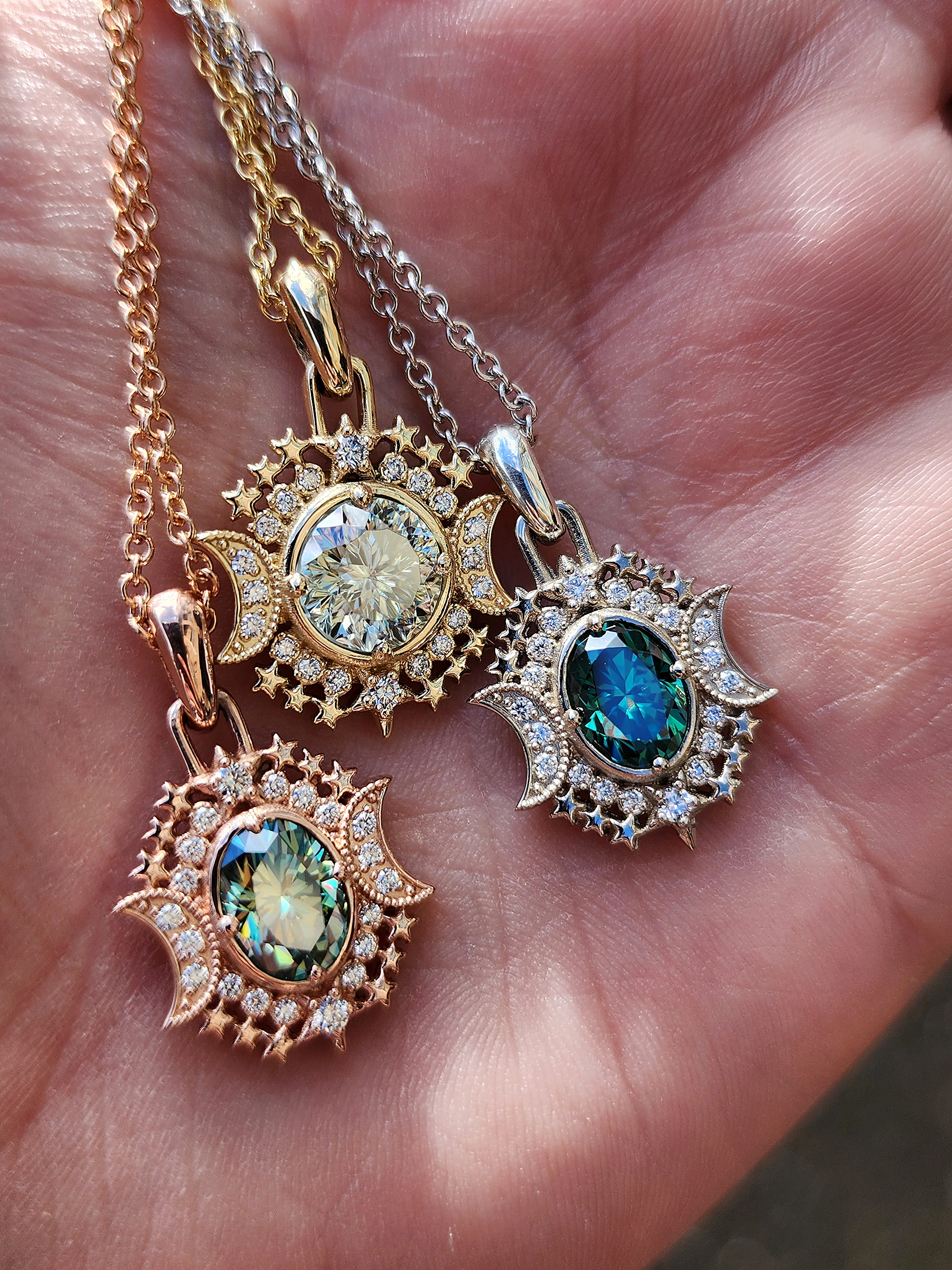 Ready to Ship Serena Moon Pendants with Crescent Moons and Natural Diamonds and Green Moissanite - 14k Gold Nature Inspired Fine Jewelry - Image 7