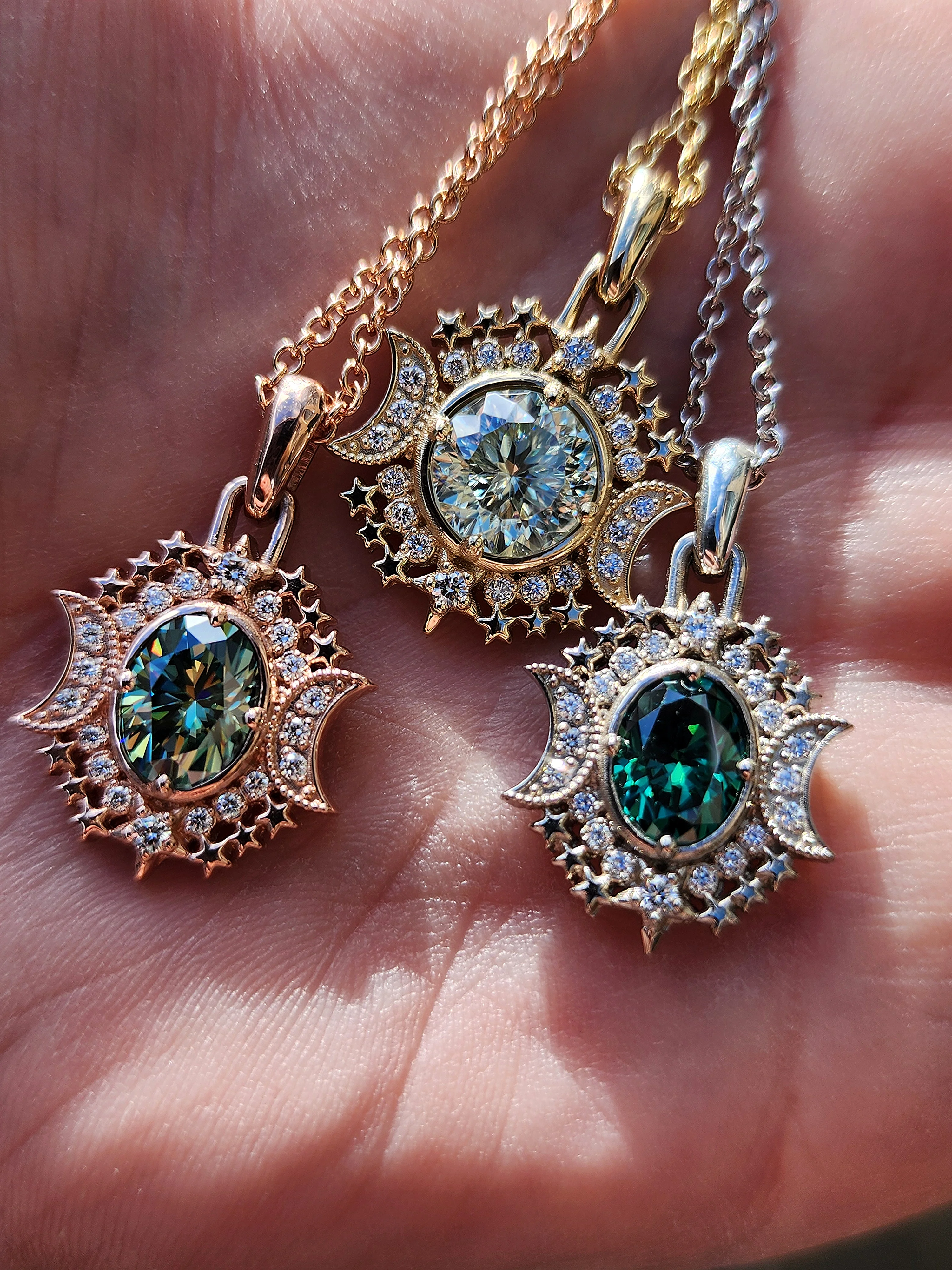 Ready to Ship Serena Moon Pendants with Crescent Moons and Natural Diamonds and Green Moissanite - 14k Gold Nature Inspired Fine Jewelry - Image 8