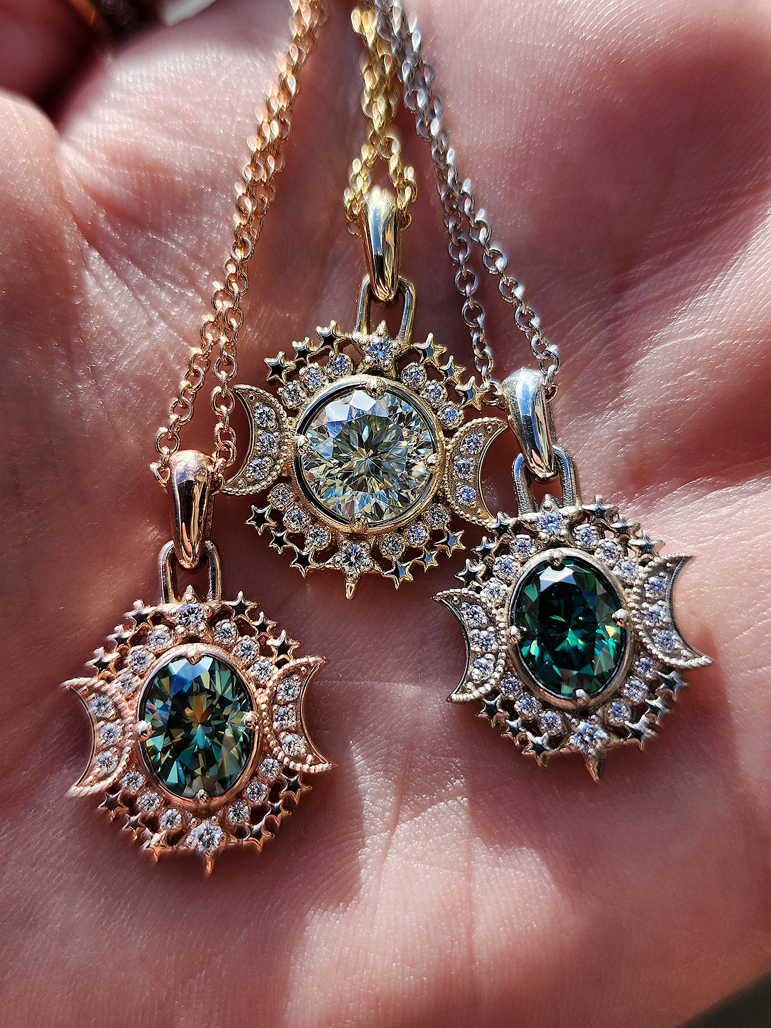 Ready to Ship Serena Moon Pendants with Crescent Moons and Natural Diamonds and Green Moissanite - 14k Gold Nature Inspired Fine Jewelry - Image 9