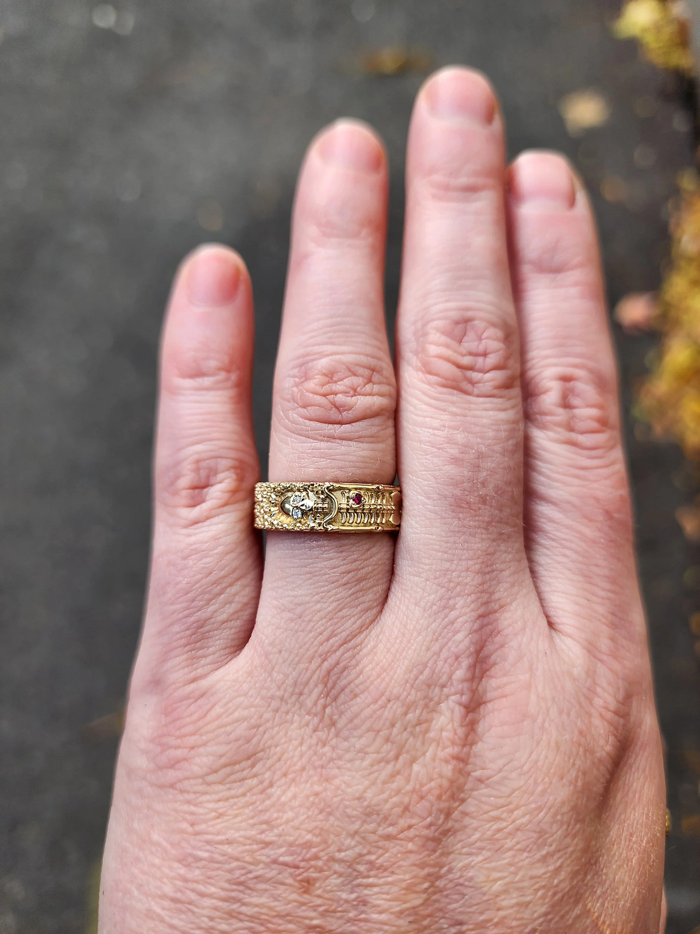 Size 10-10.5 - Skeleton Wedding Band with Diamond Eyes and Ruby Heart - 14k Yellow Gold - Image 10