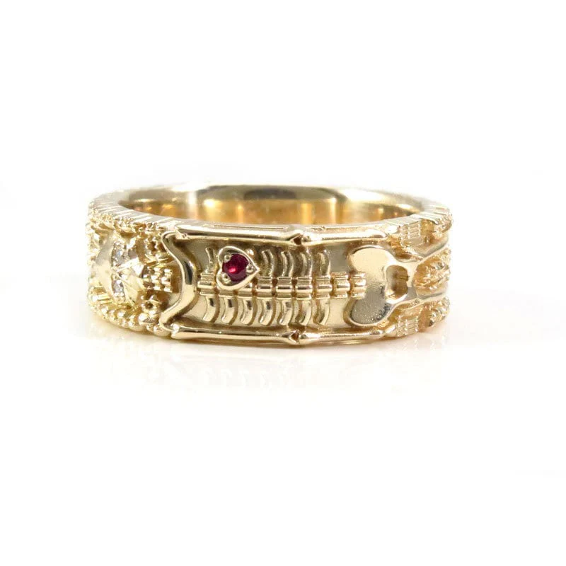 Size 10-10.5 - Skeleton Wedding Band with Diamond Eyes and Ruby Heart - 14k Yellow Gold - Image 3