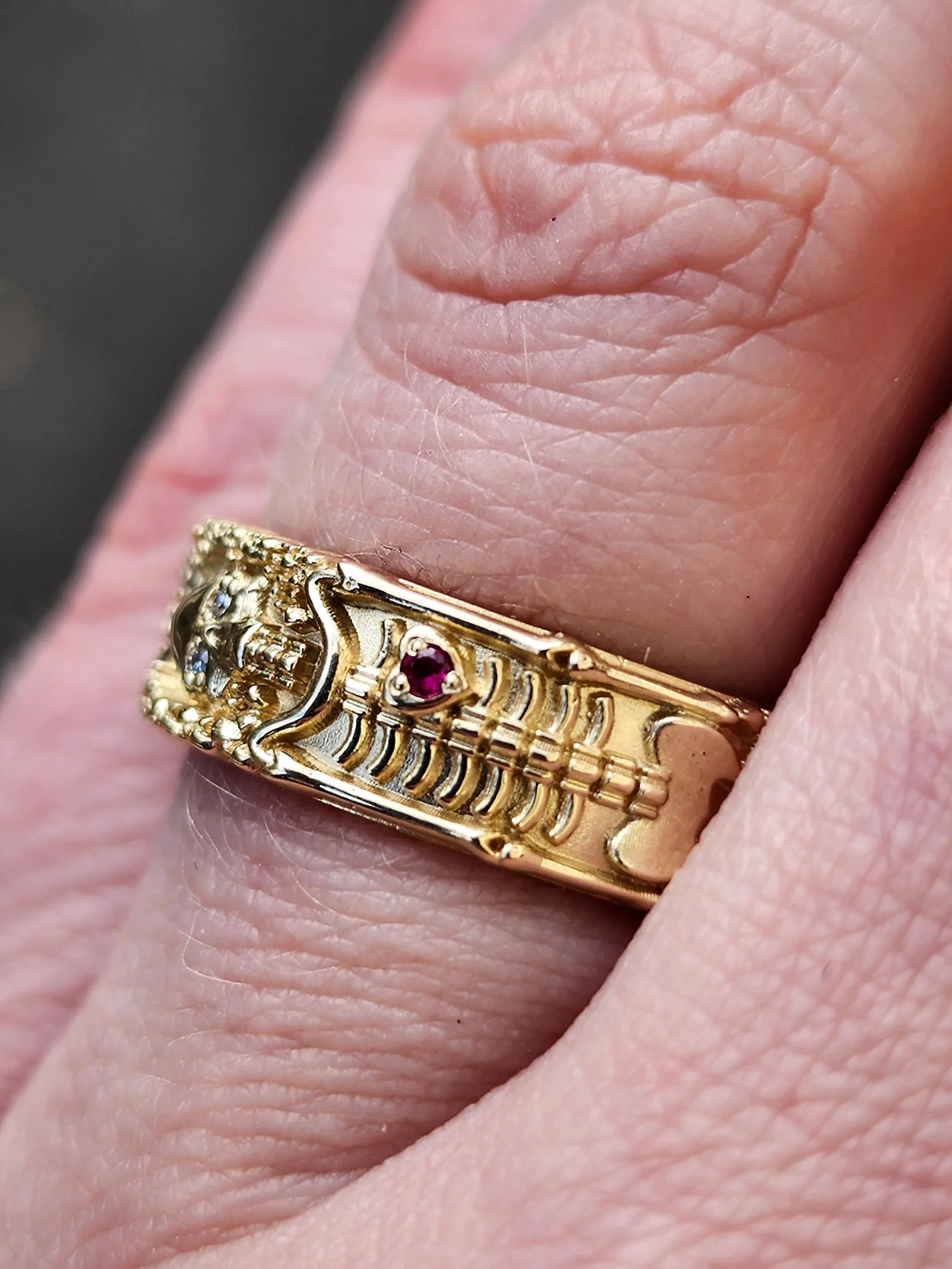 Size 10-10.5 - Skeleton Wedding Band with Diamond Eyes and Ruby Heart - 14k Yellow Gold - Image 4