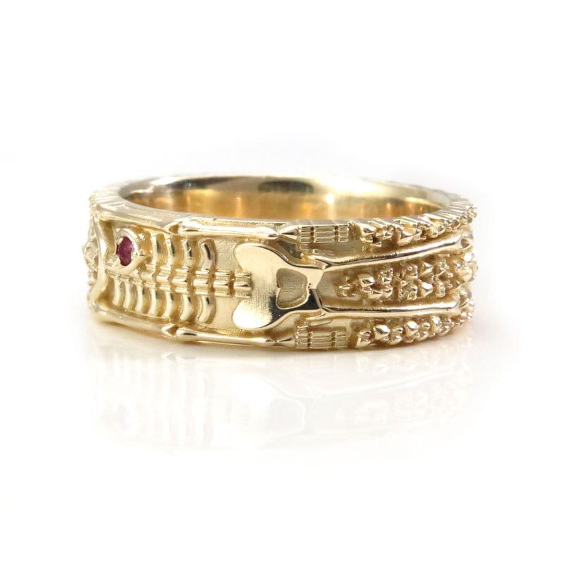 Size 10-10.5 - Skeleton Wedding Band with Diamond Eyes and Ruby Heart - 14k Yellow Gold - Image 5
