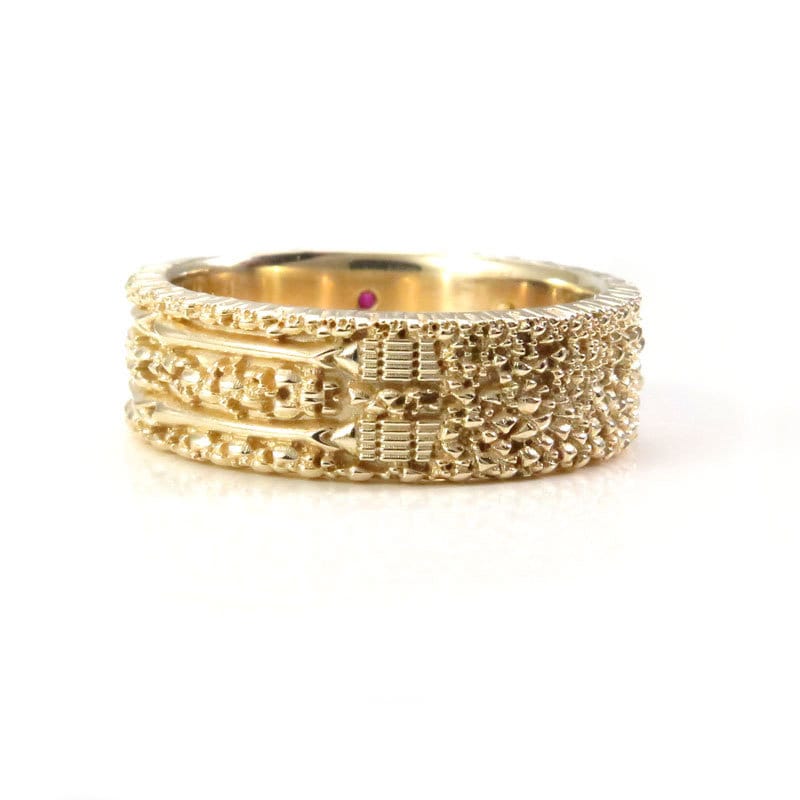 Size 10-10.5 - Skeleton Wedding Band with Diamond Eyes and Ruby Heart - 14k Yellow Gold - Image 8