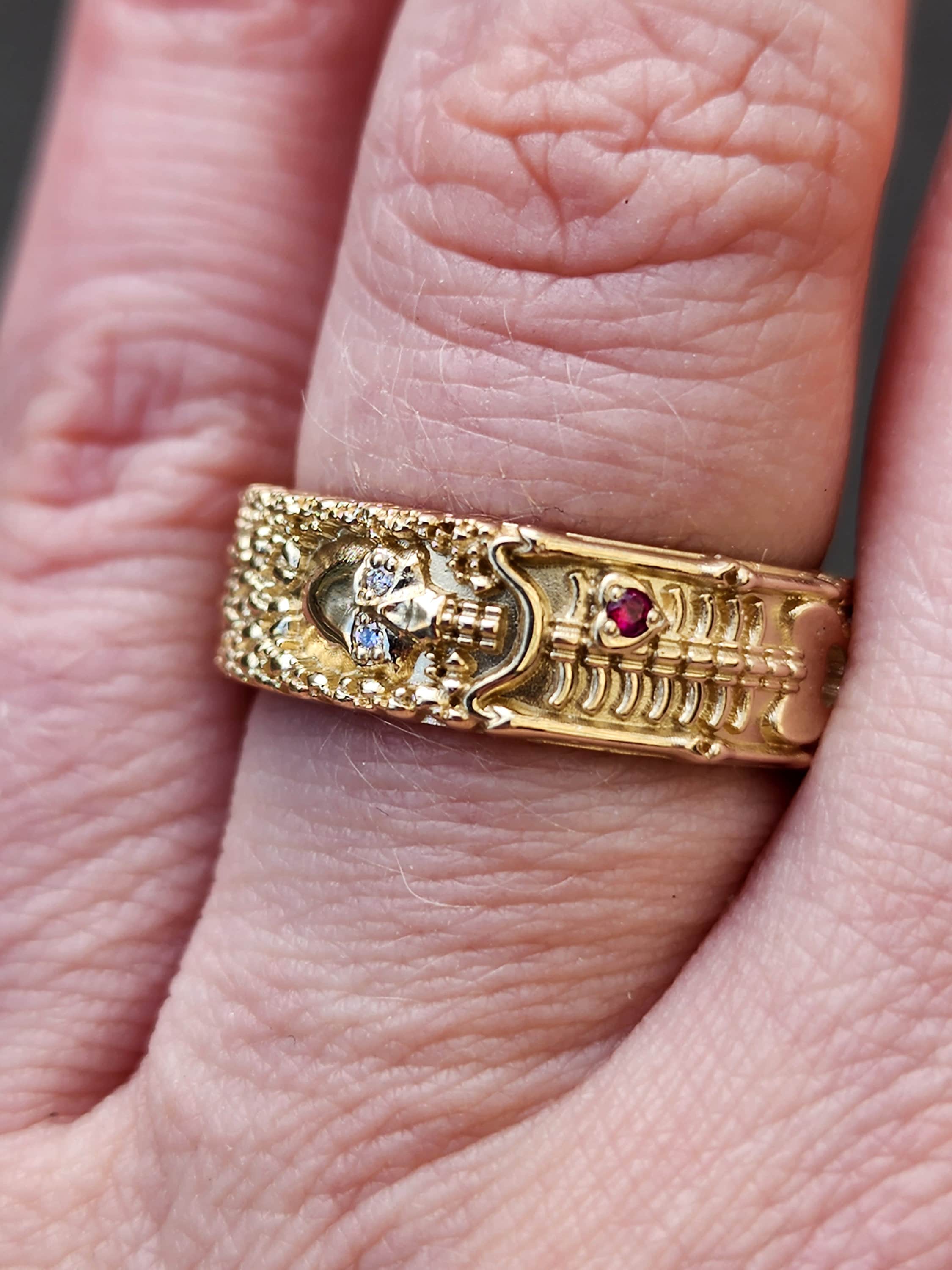Size 10-10.5 - Skeleton Wedding Band with Diamond Eyes and Ruby Heart - 14k Yellow Gold - Image 9