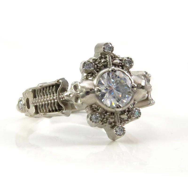 Skeleton Catacomb Ring with Moissanite & Diamond  Pebble Halo - 14k Palladium White Gold - Image 10