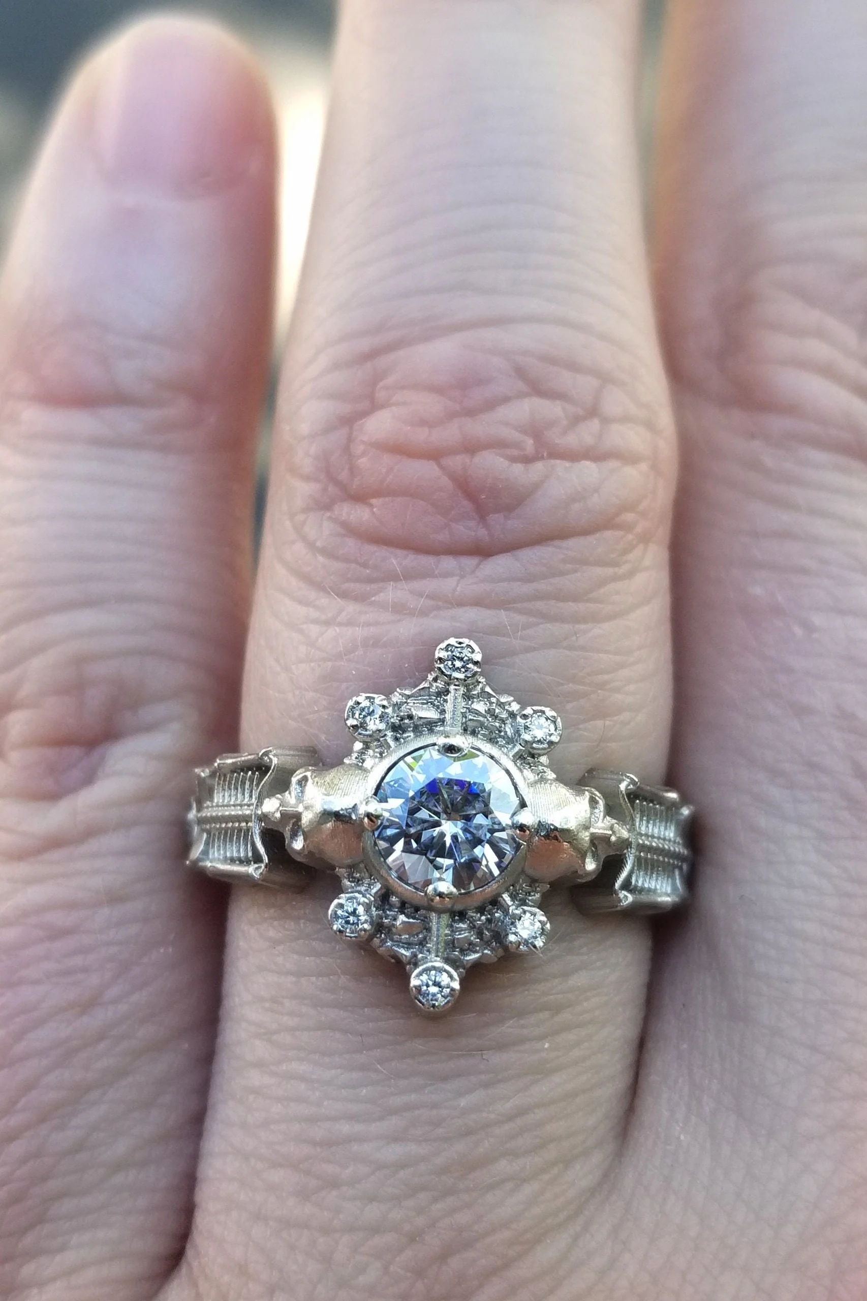 Skeleton Catacomb Ring with Moissanite & Diamond  Pebble Halo - 14k Palladium White Gold - Image 4