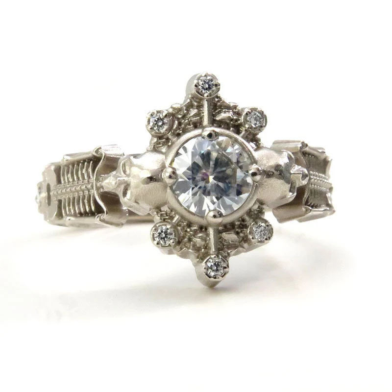 Skeleton Catacomb Ring with Moissanite & Diamond  Pebble Halo - 14k Palladium White Gold - Image 5