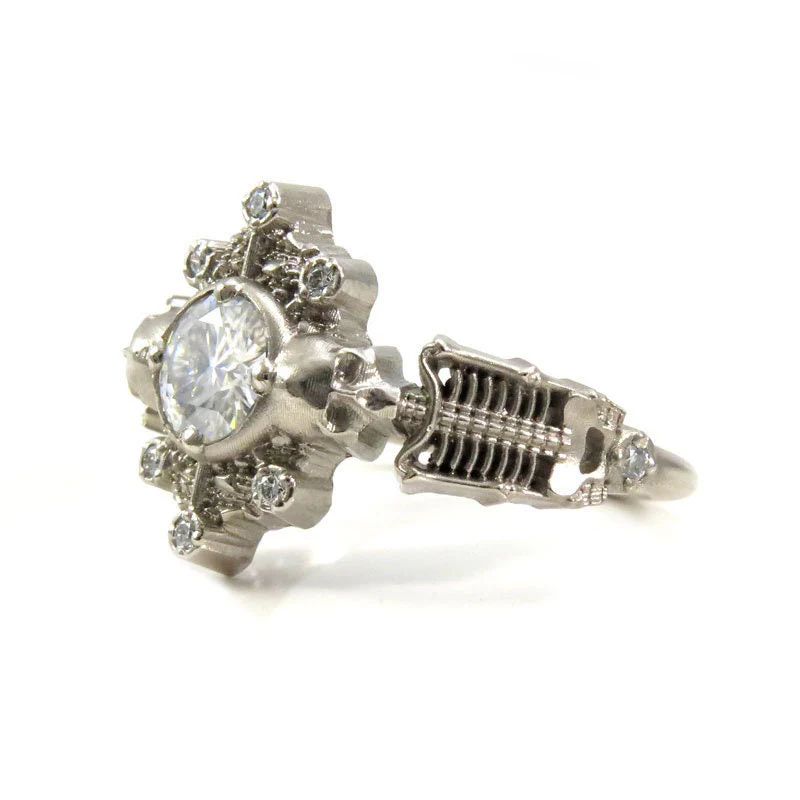 Skeleton Catacomb Ring with Moissanite & Diamond  Pebble Halo - 14k Palladium White Gold - Image 7