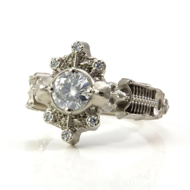 Skeleton Catacomb Ring with Moissanite & Diamond  Pebble Halo - 14k Palladium White Gold - Image 9