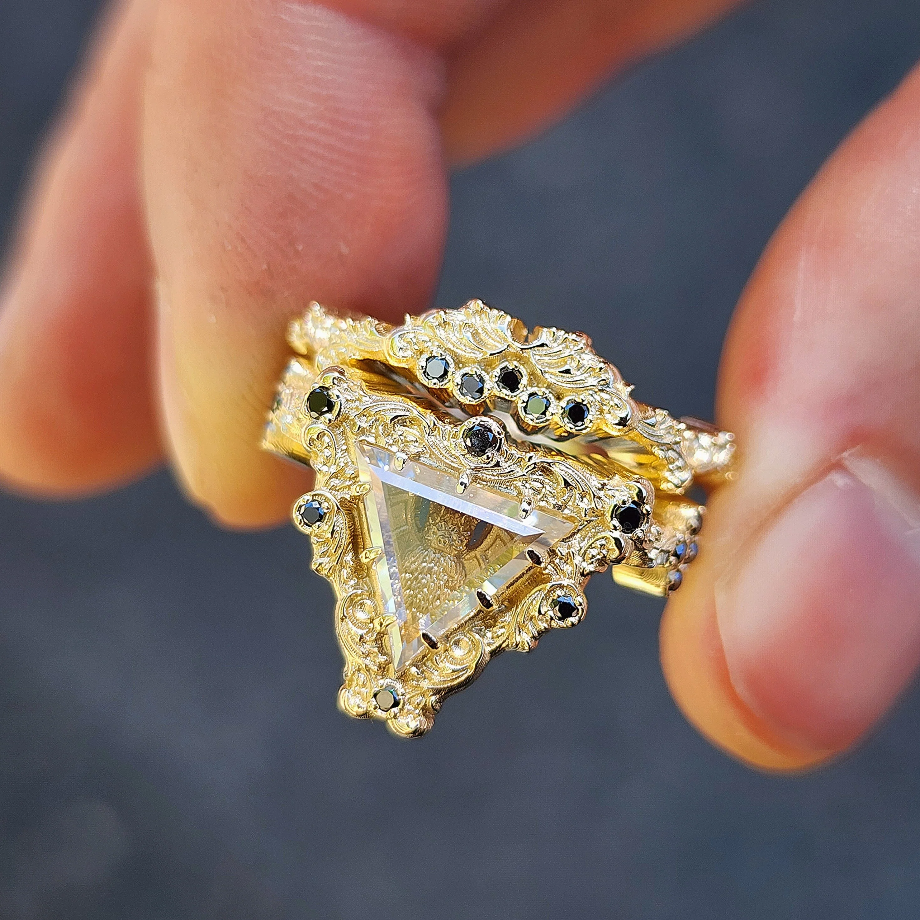 Victorian Gothic Bat Engagement Ring Shadow Box with Triangle Portrait Cut Moissanite Wedding Ring Set Baroque Scrolls with Black or White Diamonds 14k Gold Ethereal Unique Fine Jewelry - Image 9